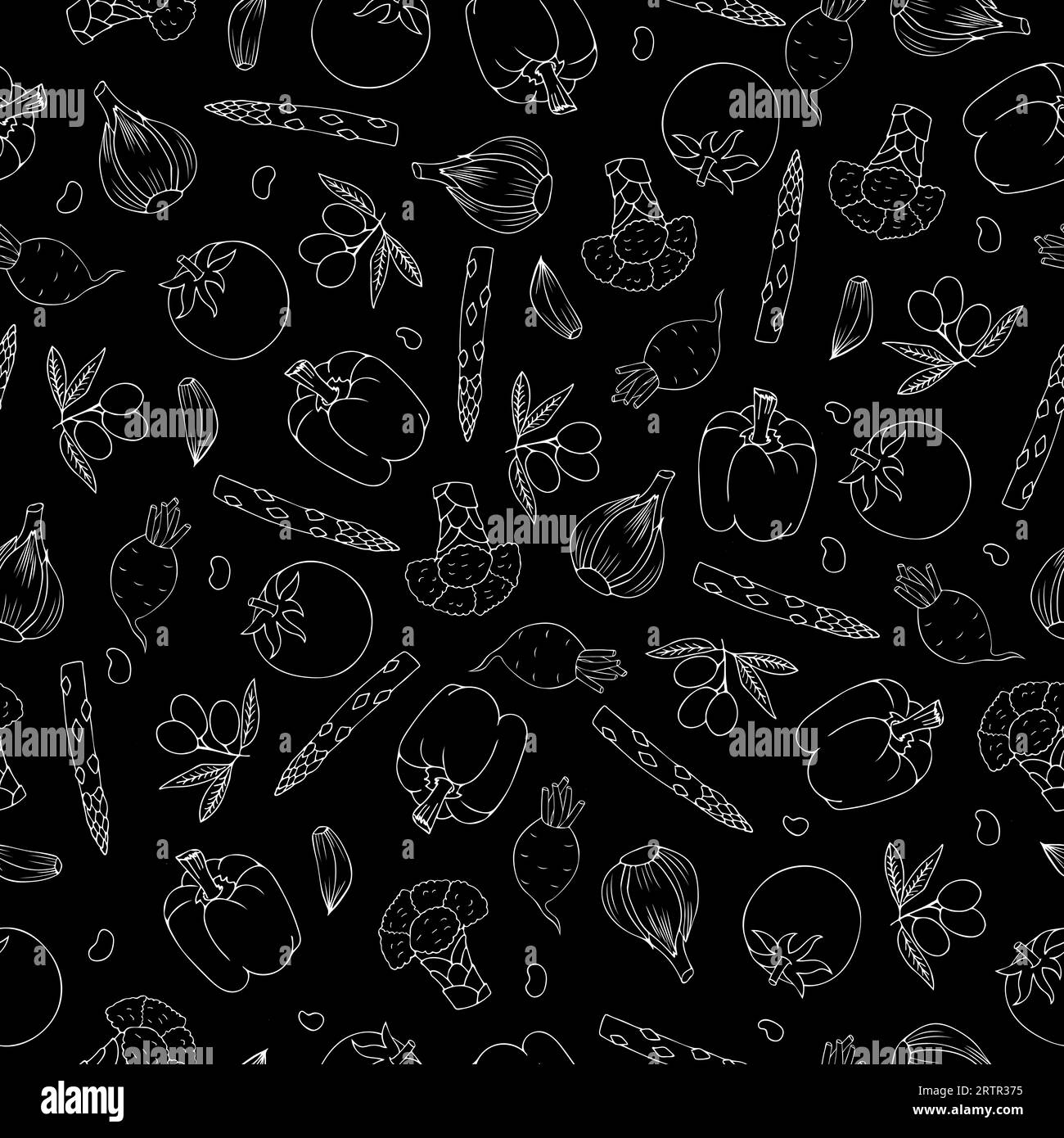 Vegetables pattern on black. Hand-drawn doodle vector seamless pattern of vegetables, metaphor of healthy eating. Stock Vector