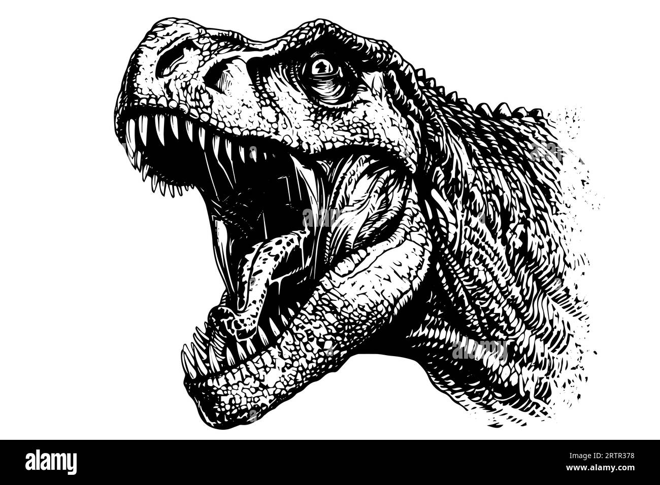 Dinosaur tyrannosaurus head hand drawn ink sketch. Vector illustration. Logotype,icon, sign, mascot, print design. Stock Vector