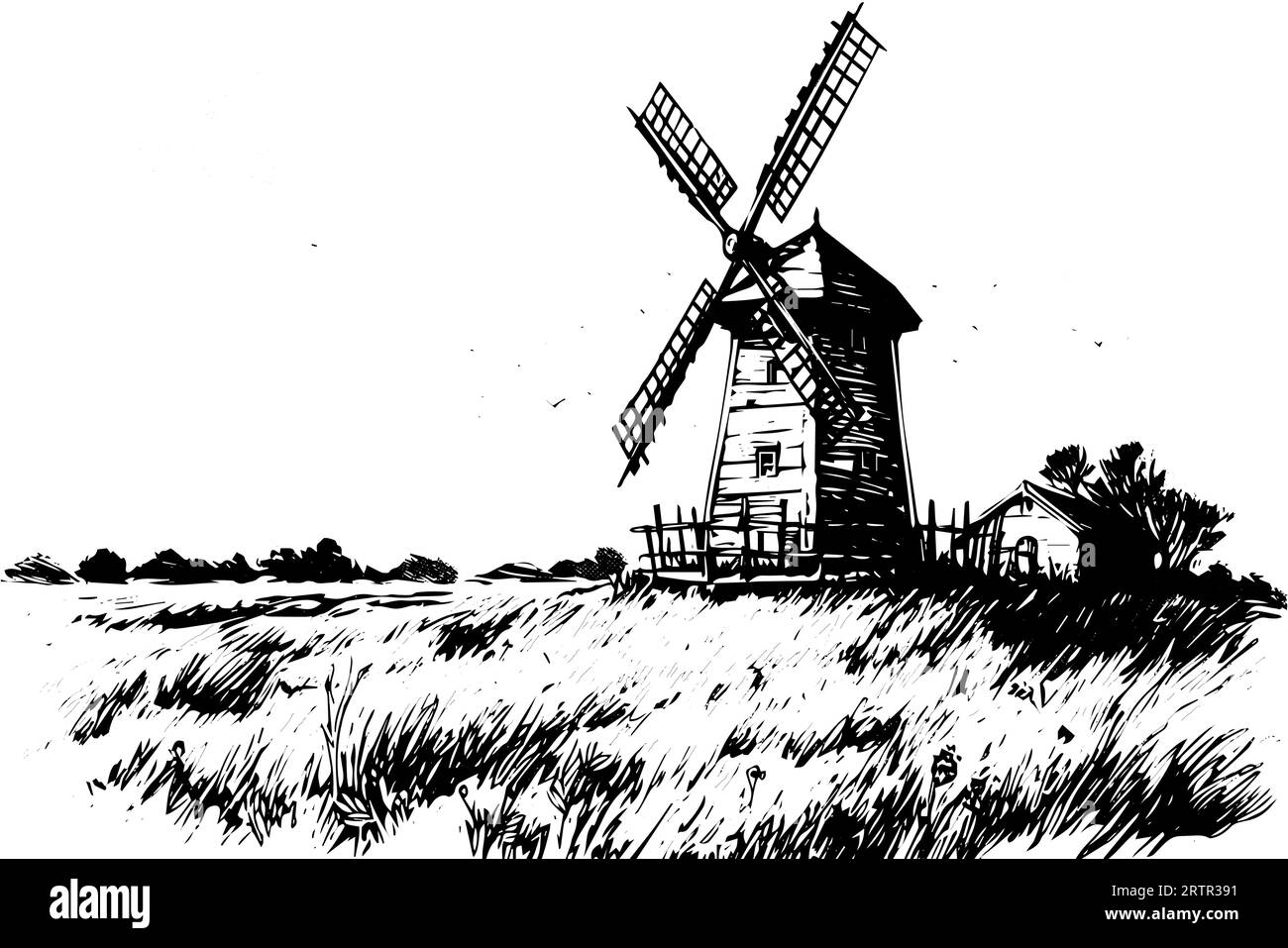 Windmil in the field hand drawn vintage sketch. Engraving style vector ...
