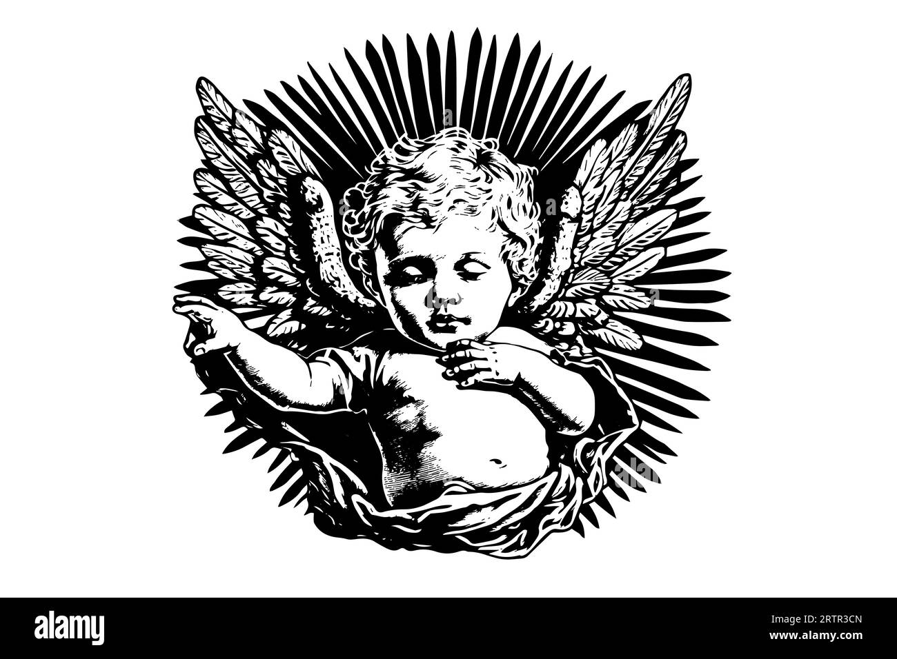 Little angel in frame vector retro style engraving black and white illustration. Cute baby with wings. Stock Vector