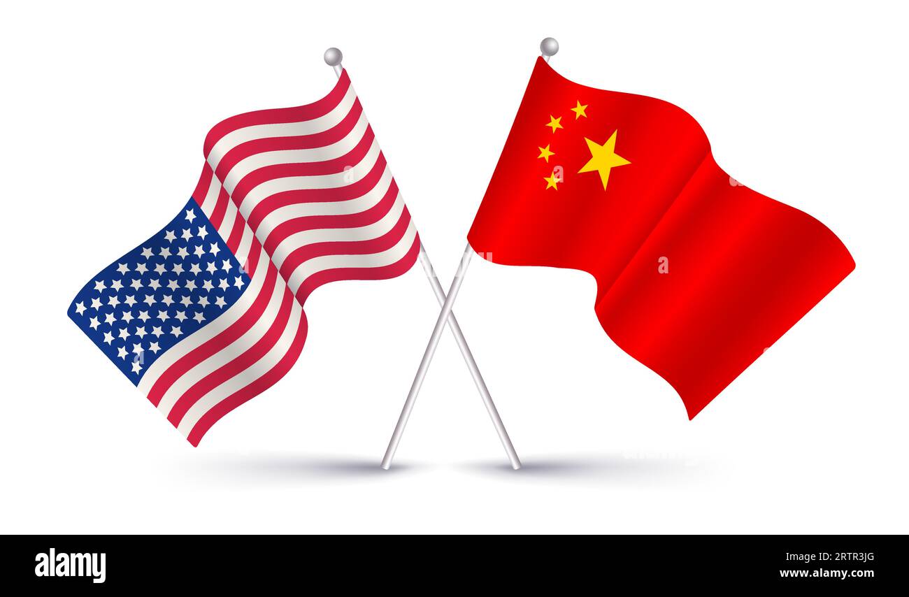 Vector American flag and Chinese flag. Vintage flag of USA and flag of