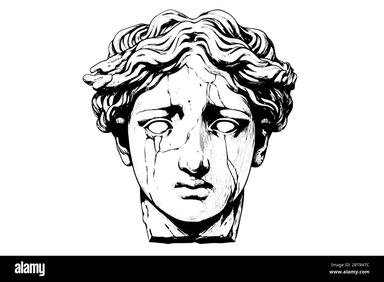 Cracked statue head of greek sculpture hand drawn engraving style sketch. Vector illustration. Image for print, tattoo, and your design. Stock Vector