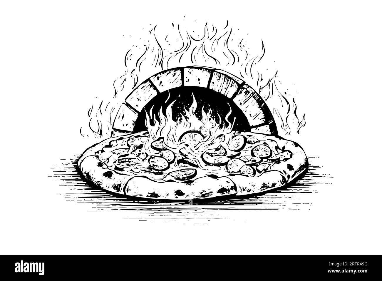 Hot pizza from the oven sketch hand drawn engraving style Vector