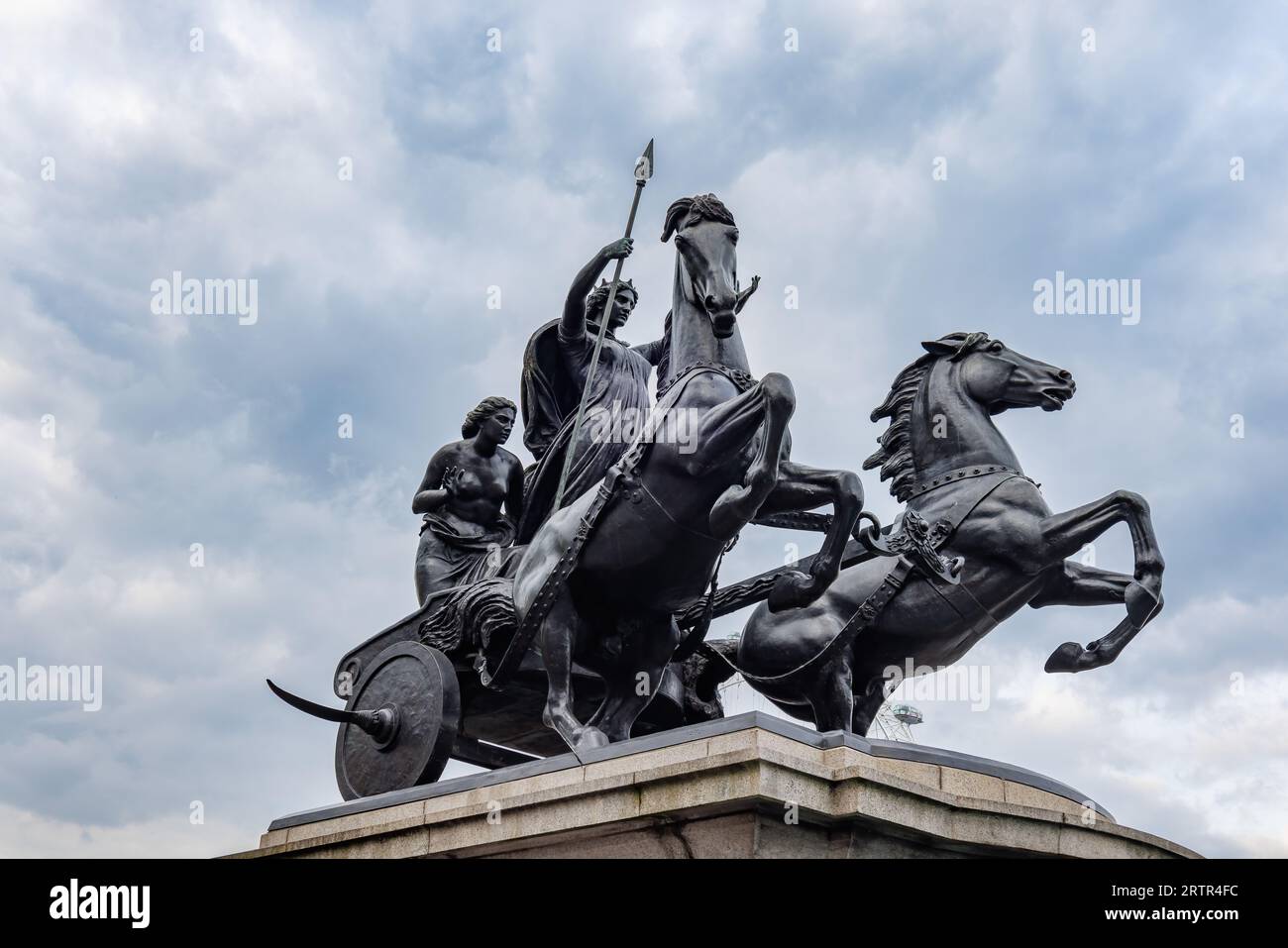 Boadicea and Her Daughters is a bronze sculptural group in London representing Boudica, queen of the Celtic Iceni tribe, who led an uprising in Roman Stock Photo