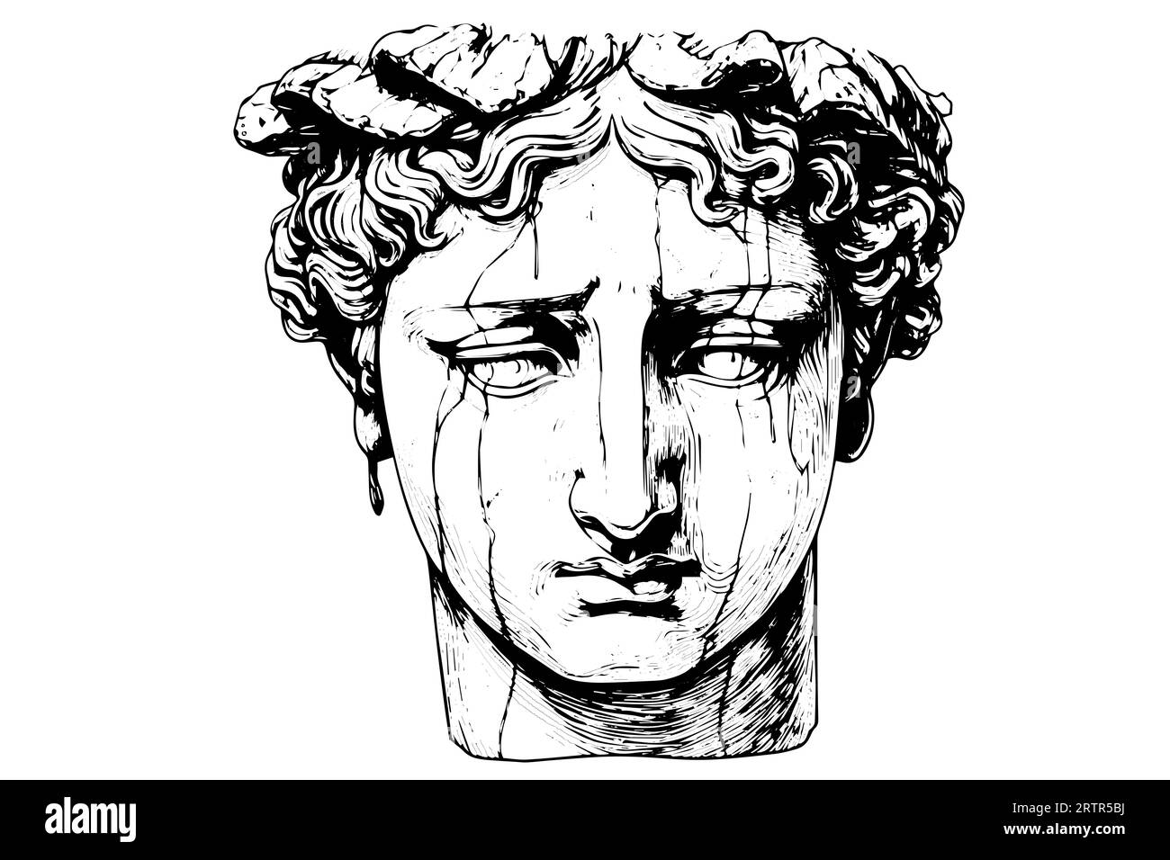 Cracked statue head of greek sculpture hand drawn engraving style