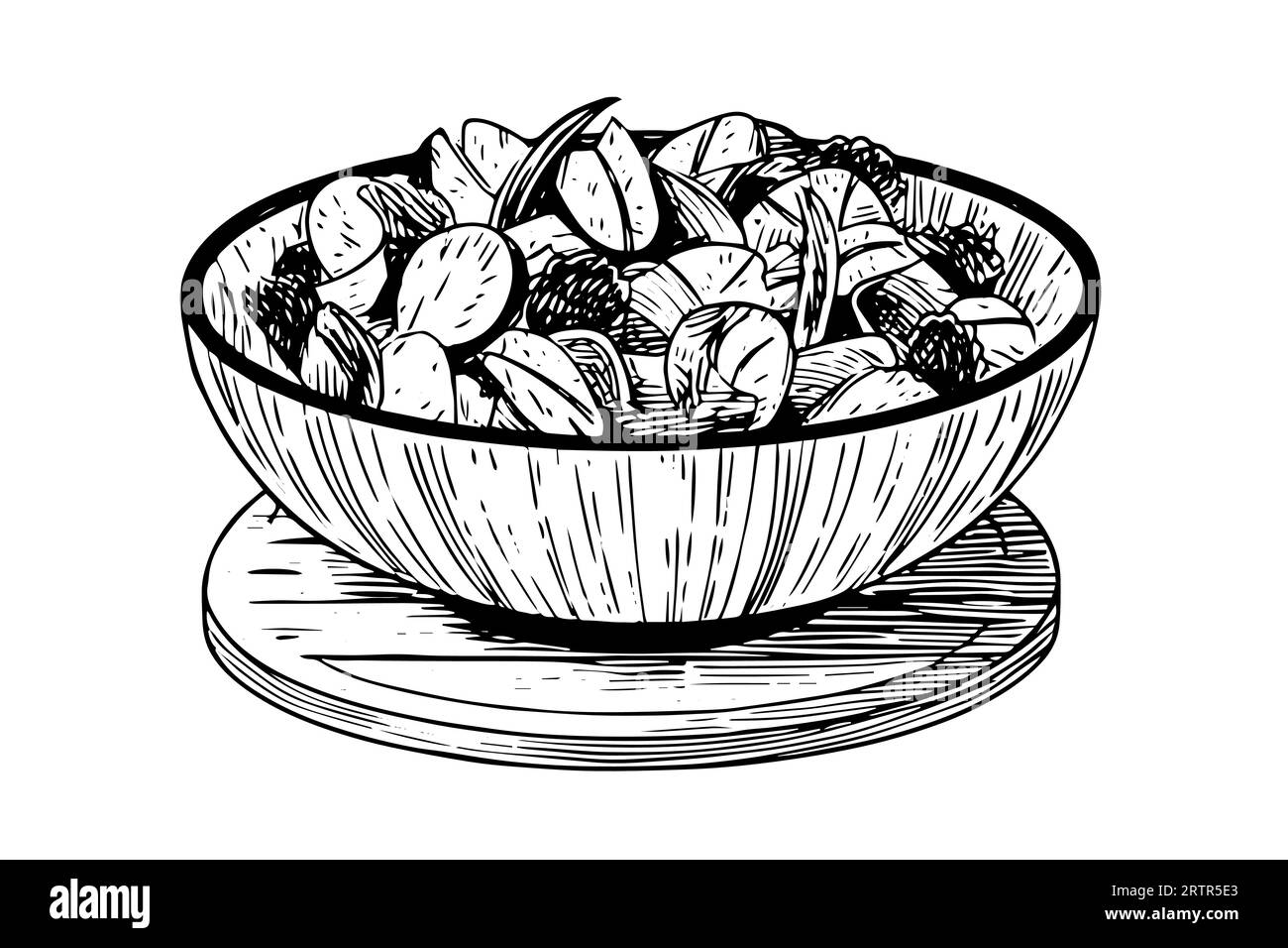 Bowl vegetables salad ink sketch hand drawn. Engraving style vector illustration. Stock Vector