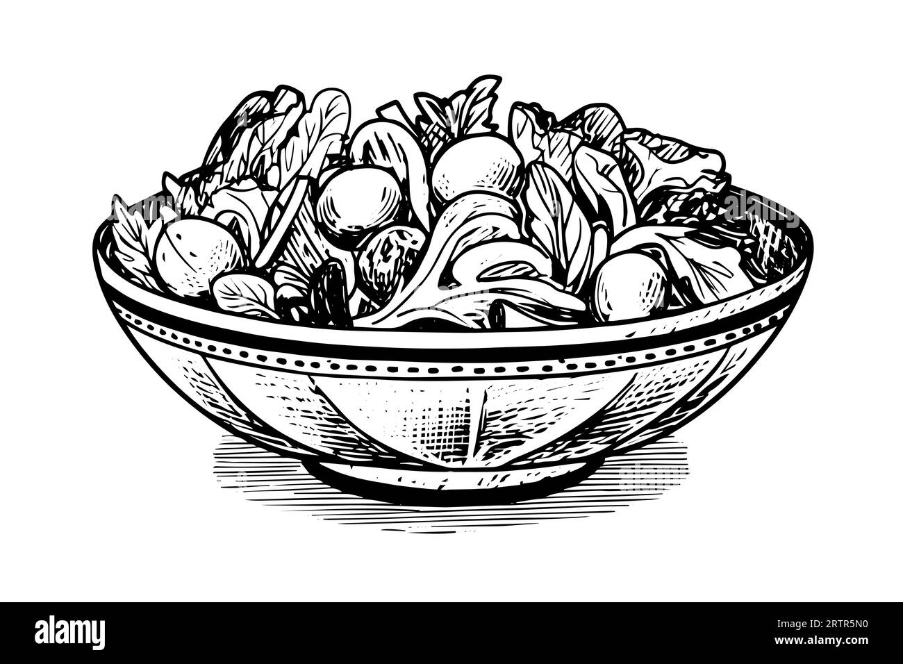 Bowl vegetables salad ink sketch hand drawn. Engraving style vector