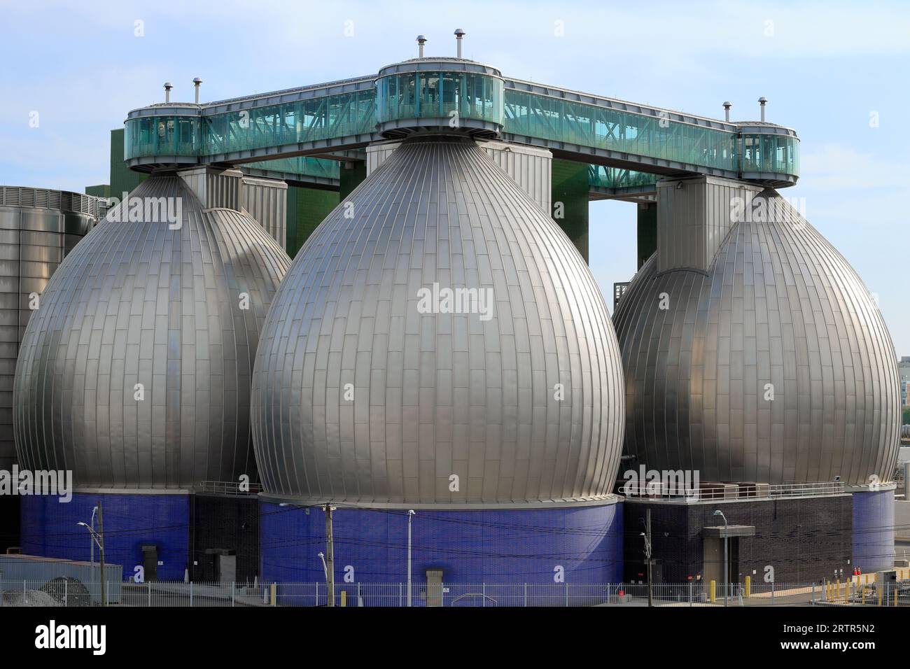 Digester eggs of Newtown Creek Wastewater Treatment Plant, Brooklyn, New York. The digester uses anaerobic bacteria to digest sewage. Stock Photo