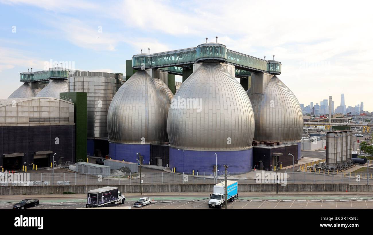 Sludge Digester Eggs of Newtown Creek Wastewater Treatment Plant, Brooklyn, New York. The digester uses anaerobic bacteria to digest sewage. Stock Photo