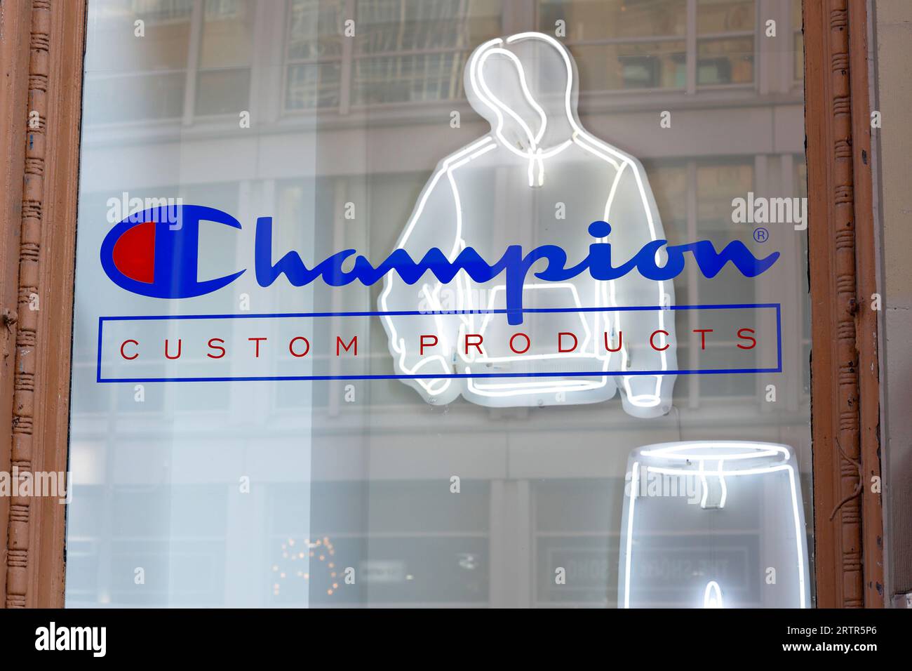 Champion Athleticwear sportswear and clothing window display at their store in Manhattan, New York. Stock Photo