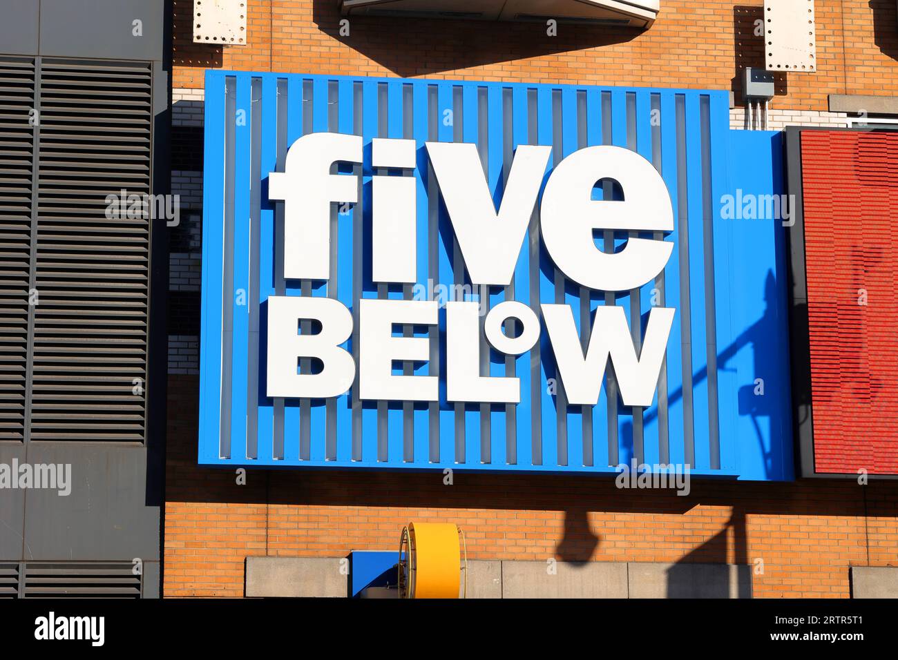 Signage for Five Below discount store at their Times Square location in New York City. Stock Photo