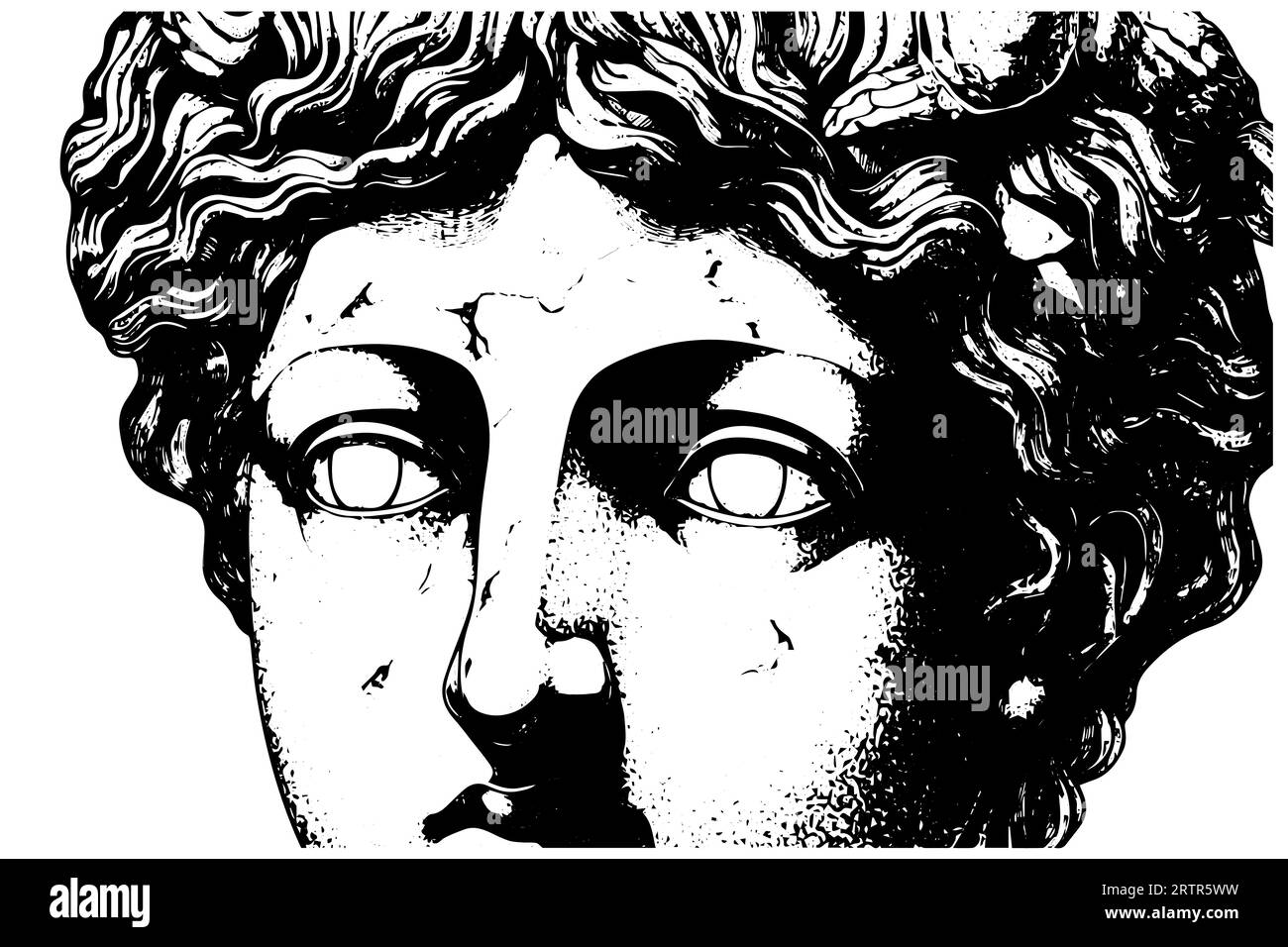 Cracked statue face of greek sculpture hand drawn engraving style