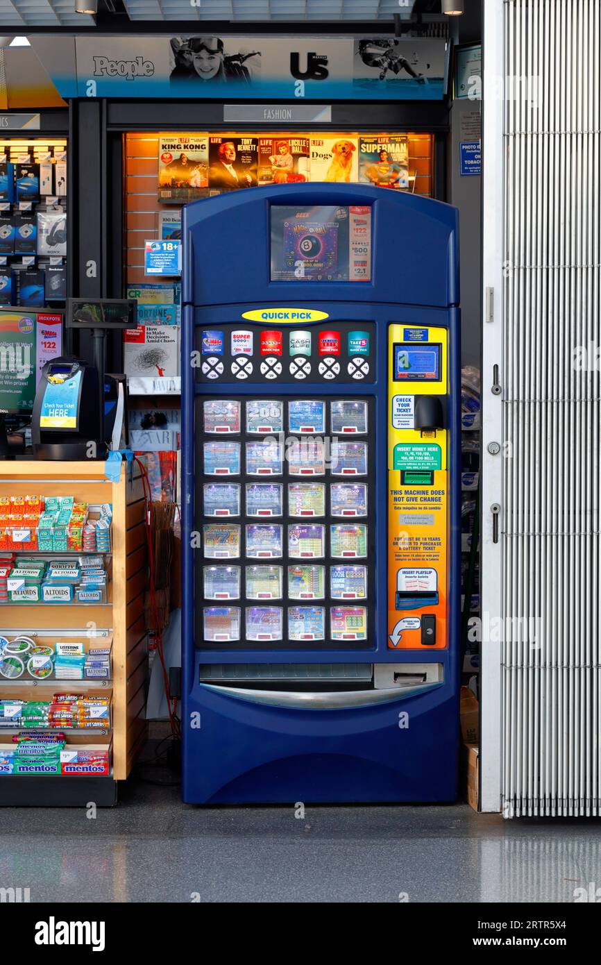 A Hudson News convenience store with a New York State scratch off lottery ticket vending machine. Stock Photo