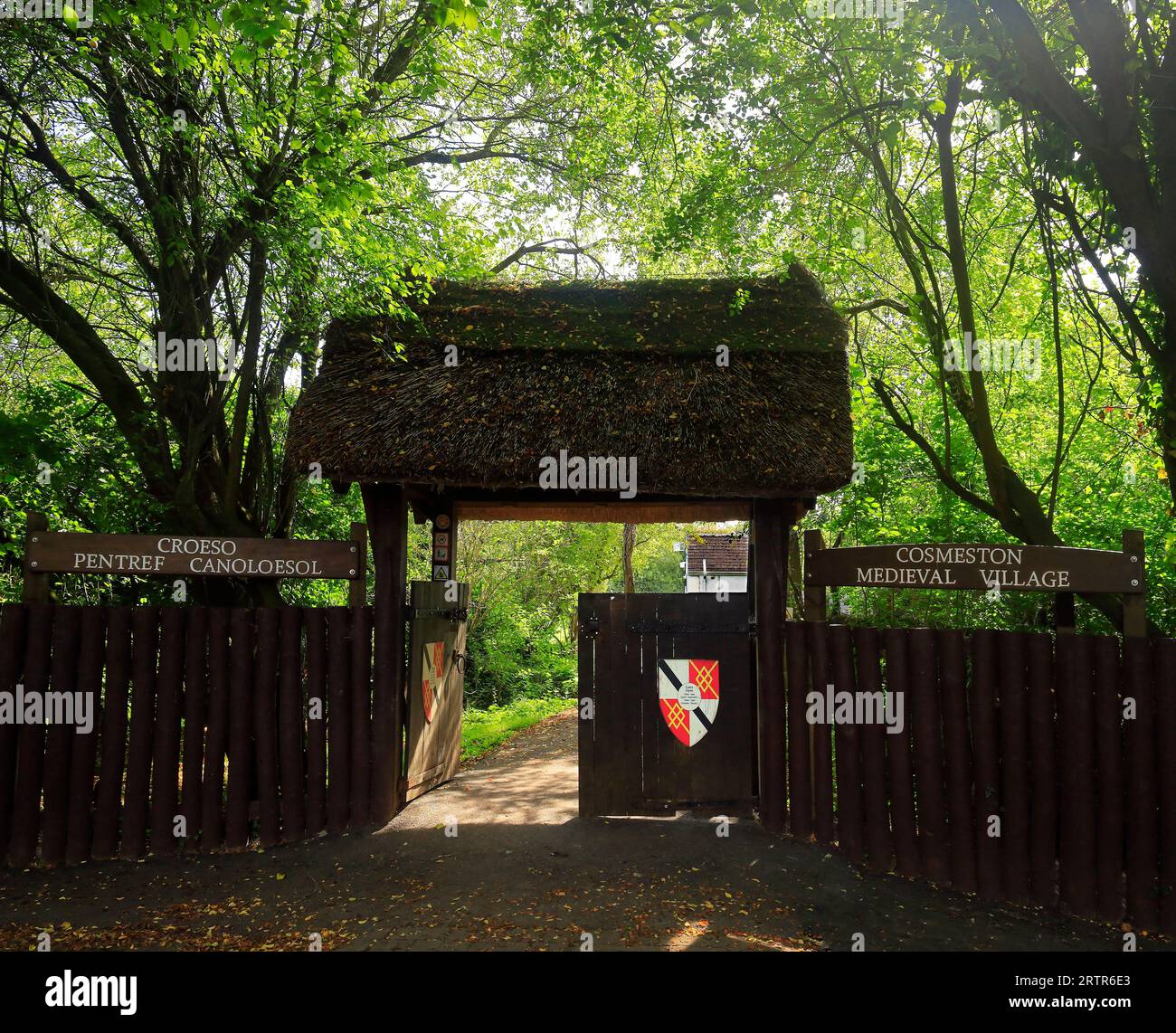 Entrance gate with Thatched roof at the Mediaeval village, Cosmeston ...