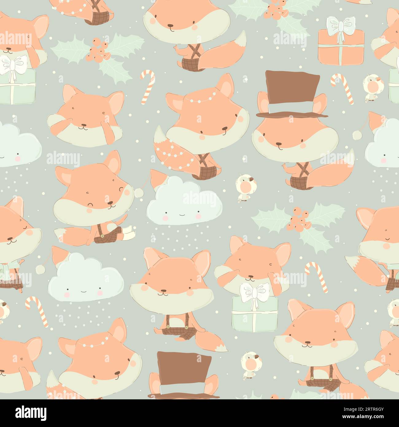 Seamless Pattern with Cute Cartoon Set of Foxes with Christmas Elements ...