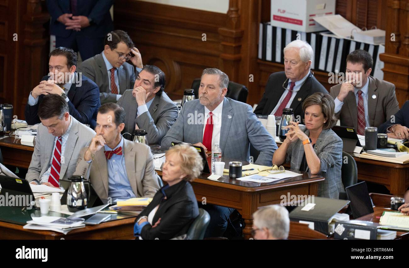 Members of the Texas House impeachment managers during the afternoon session on day eight in Texas Attorney General Ken Paxton's impeachment trial in the Texas Senate on September 14, 2023. Left to right are Oscar Longoria, Briscoe Cain, Morgan Meyer, Ken Spillar, Charlie Geren, Ann Johnson and Cody Vasut. All are current state representatives. Credit: Bob Daemmrich/Alamy Live News Stock Photo