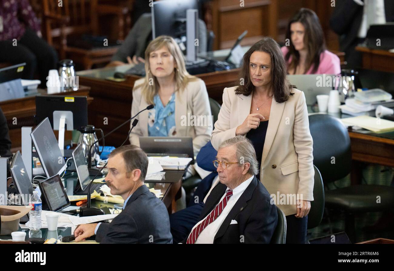 Prosecuting attorney ERIN EPLEY looks to the jury during the afternoon session on day eight in Texas Attorney General Ken Paxton's impeachment trial in the Texas Senate on September 14, 2023. Credit: Bob Daemmrich/Alamy Live News Stock Photo
