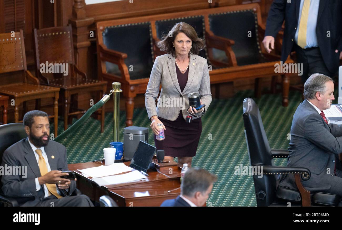Sen. ANGELA PAXTON, wife of accused AG Ken Paxton (not shown) enters the chamber for the afternoon session during the afternoon session on day eight in Texas Attorney General Ken Paxton's impeachment trial in the Texas Senate on September 14, 2023. Credit: Bob Daemmrich/Alamy Live News Stock Photo