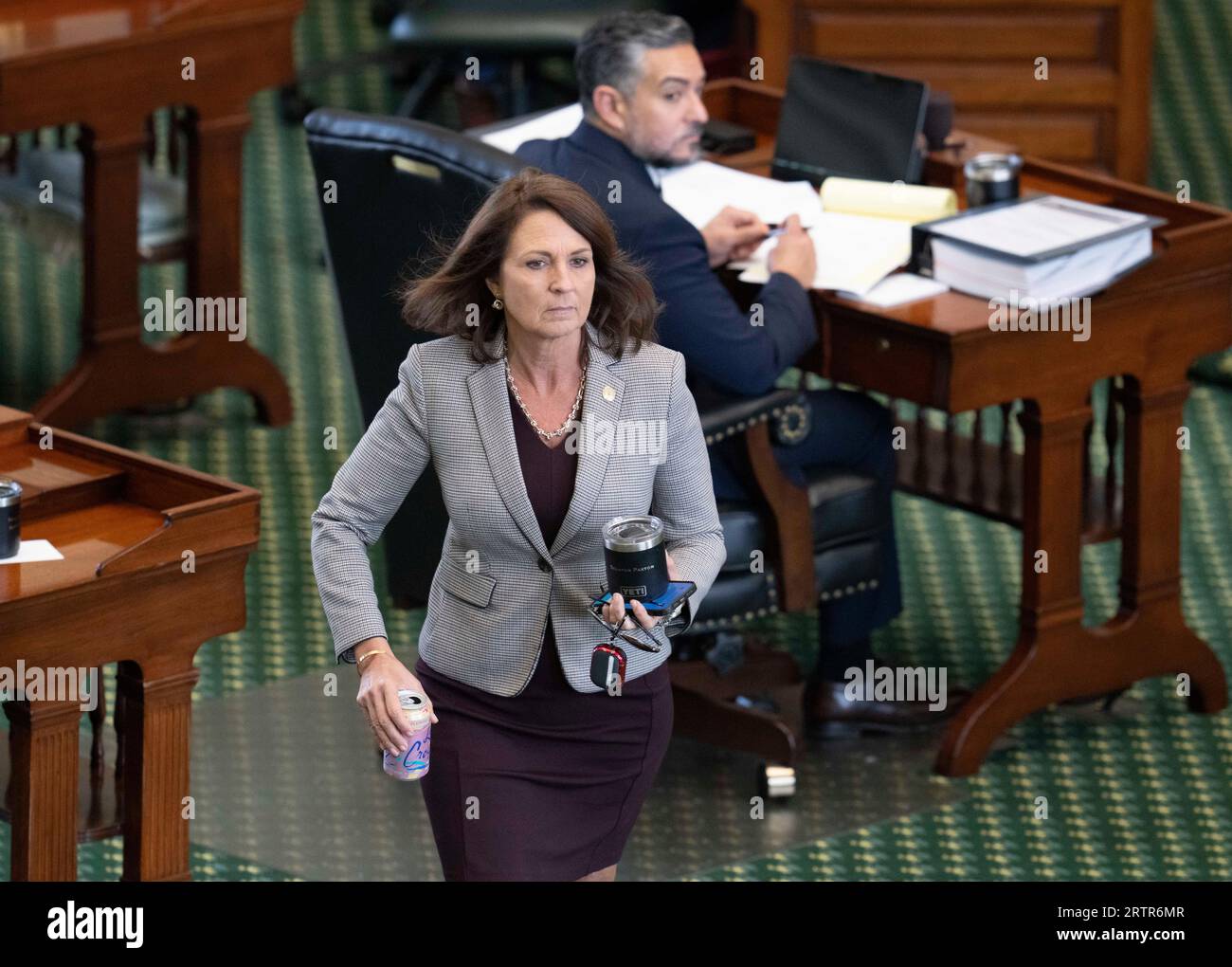 Sen. ANGELA PAXTON, wife of accused AG Ken Paxton (not shown) enters the chamber for the afternoon session during the afternoon session on day eight in Texas Attorney General Ken Paxton's impeachment trial in the Texas Senate on September 14, 2023. Credit: Bob Daemmrich/Alamy Live News Stock Photo