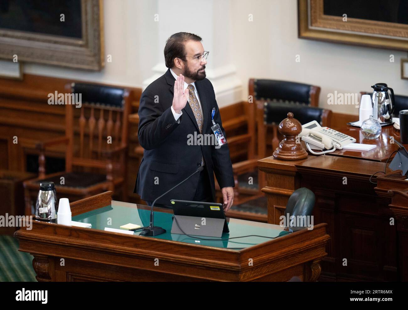 Attorney general human resources manager HENRY DE LA GARZA gives testimony during the afternoon session on day eight in Texas Attorney General Ken Paxton's impeachment trial in the Texas Senate on September 14, 2023. Credit: Bob Daemmrich/Alamy Live News Stock Photo