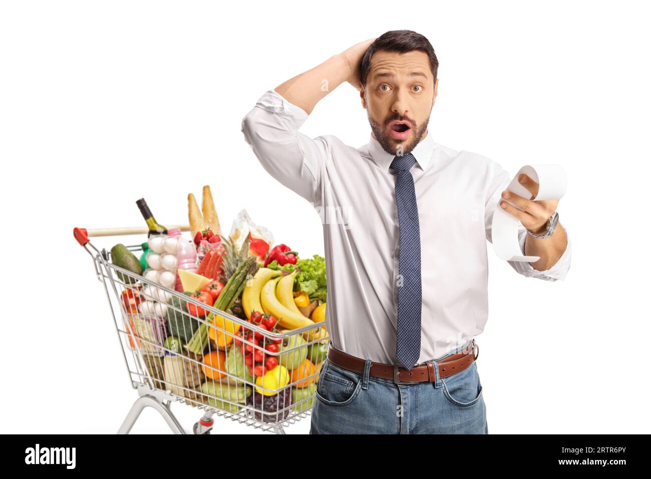 Man with a shopping cart holding a shockingly expensive bill isolated