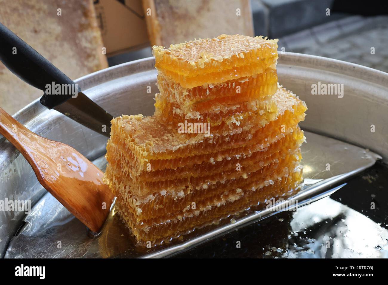 Honey on sale in a market in the Kumkapi district of Istanbul, Turkey Stock Photo