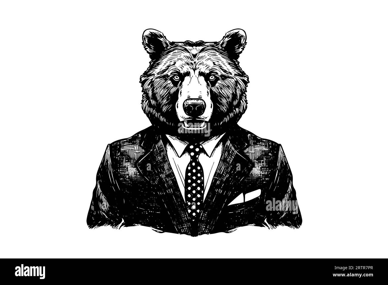 Bear in a tuxedo logotype vector engraving style illustration. Stock Vector