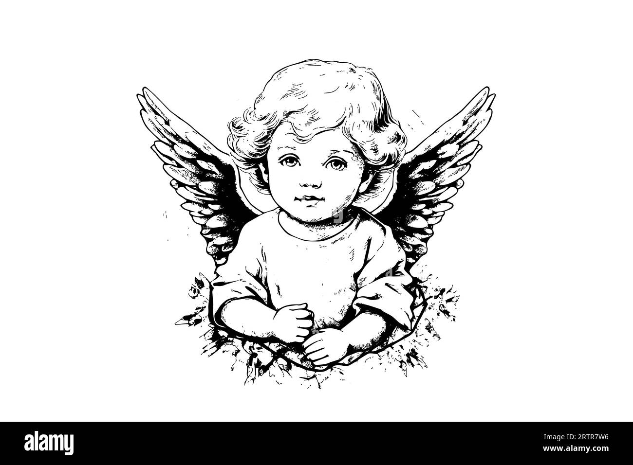 Little angel vector retro style engraving black and white illustration. Cute baby with wings. Stock Vector