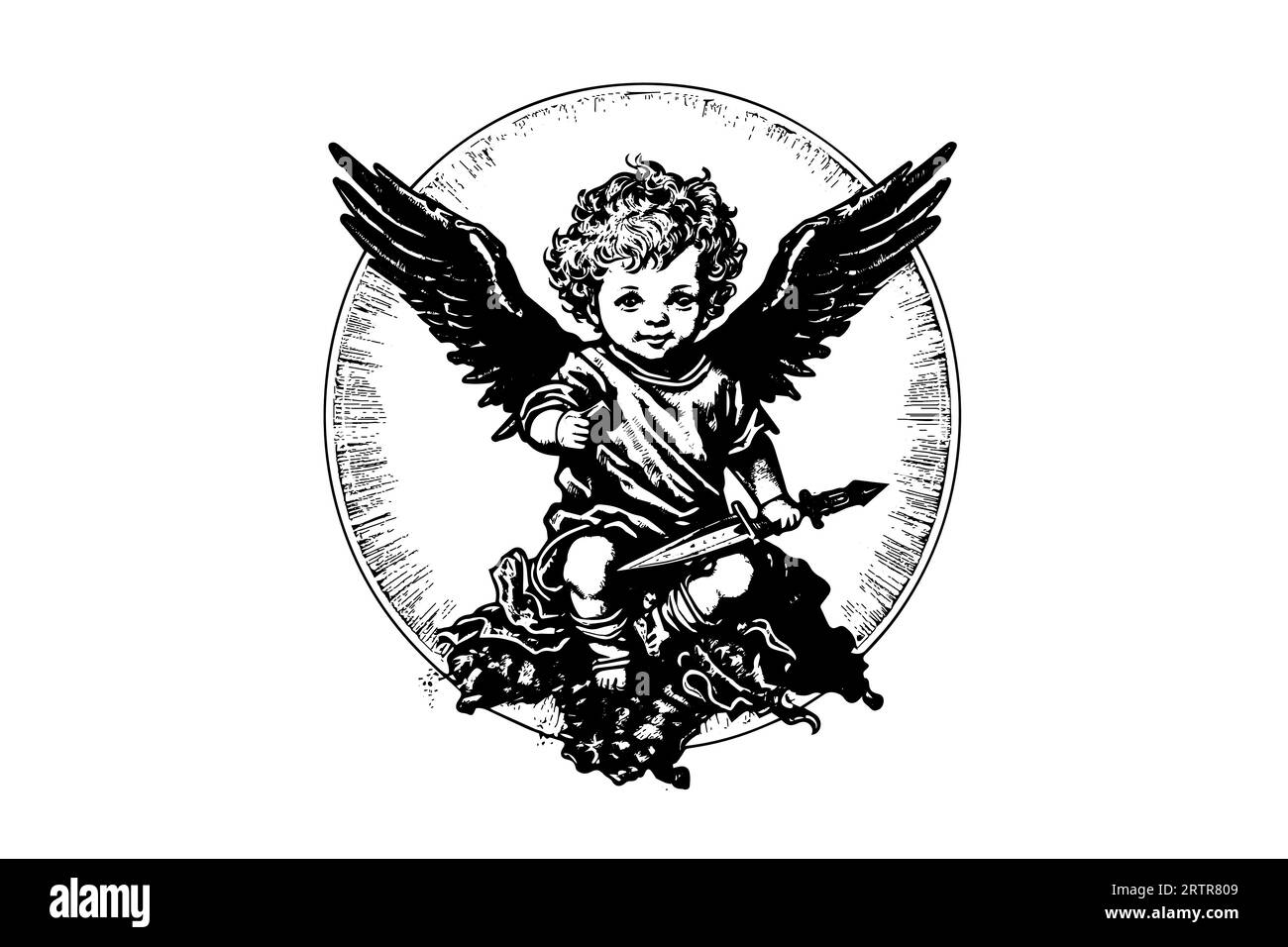 Little angel with sword in frame vector retro style engraving black and white illustration. Cute baby with wings. Stock Vector
