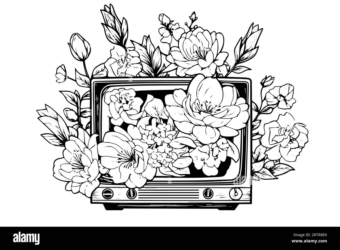 Retro floral television vector illustration. Engraving style ink sketch. Stock Vector