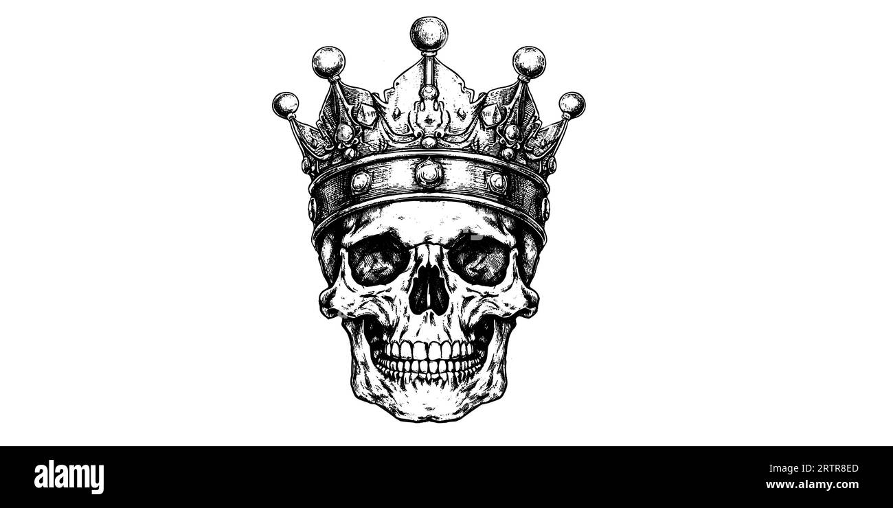 Hand drawn portrait of a skull with a crown. Vector rock illustration for your fashion design. Stock Vector