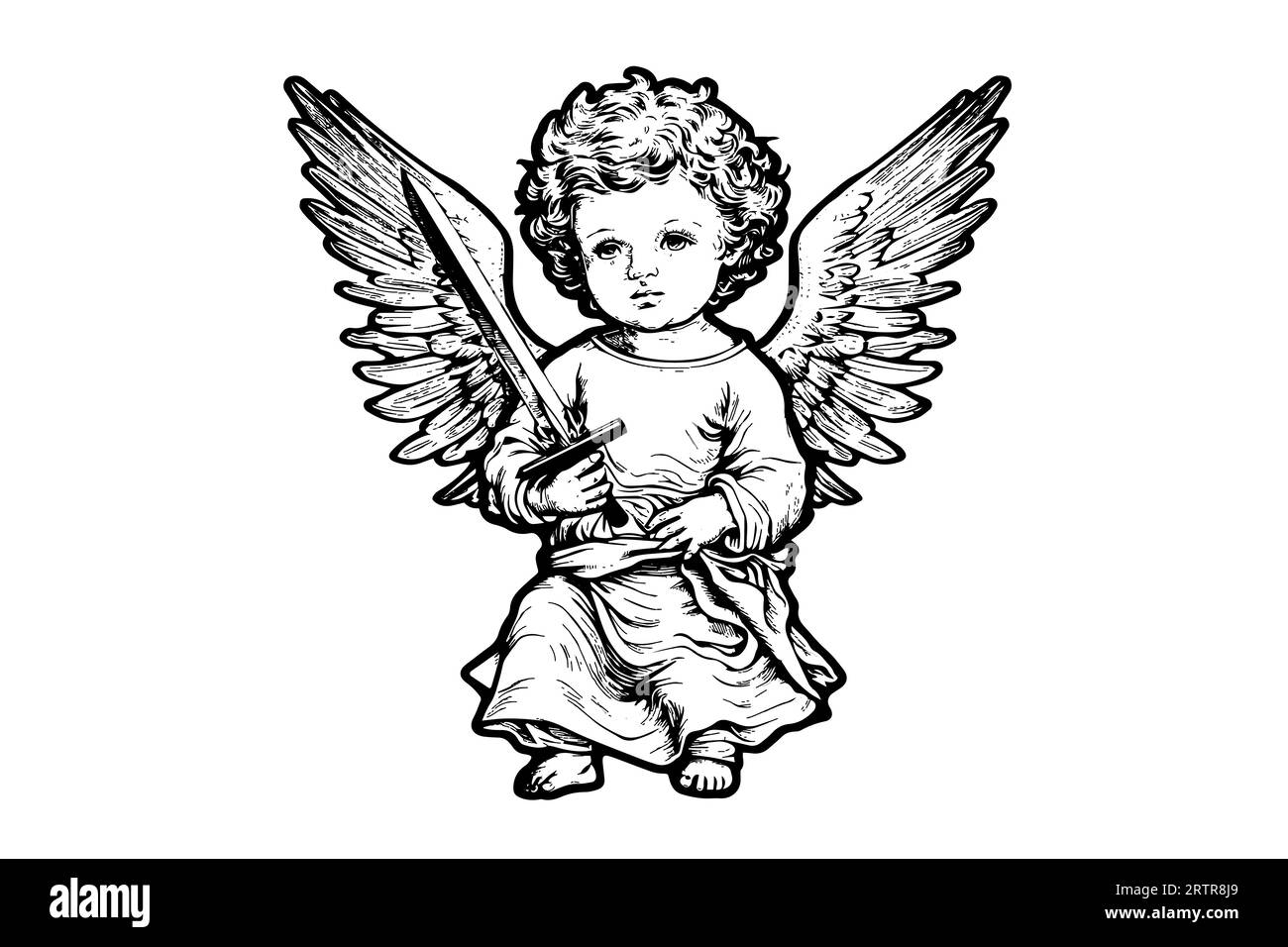 Little angel with sword vector retro style engraving black and white ...