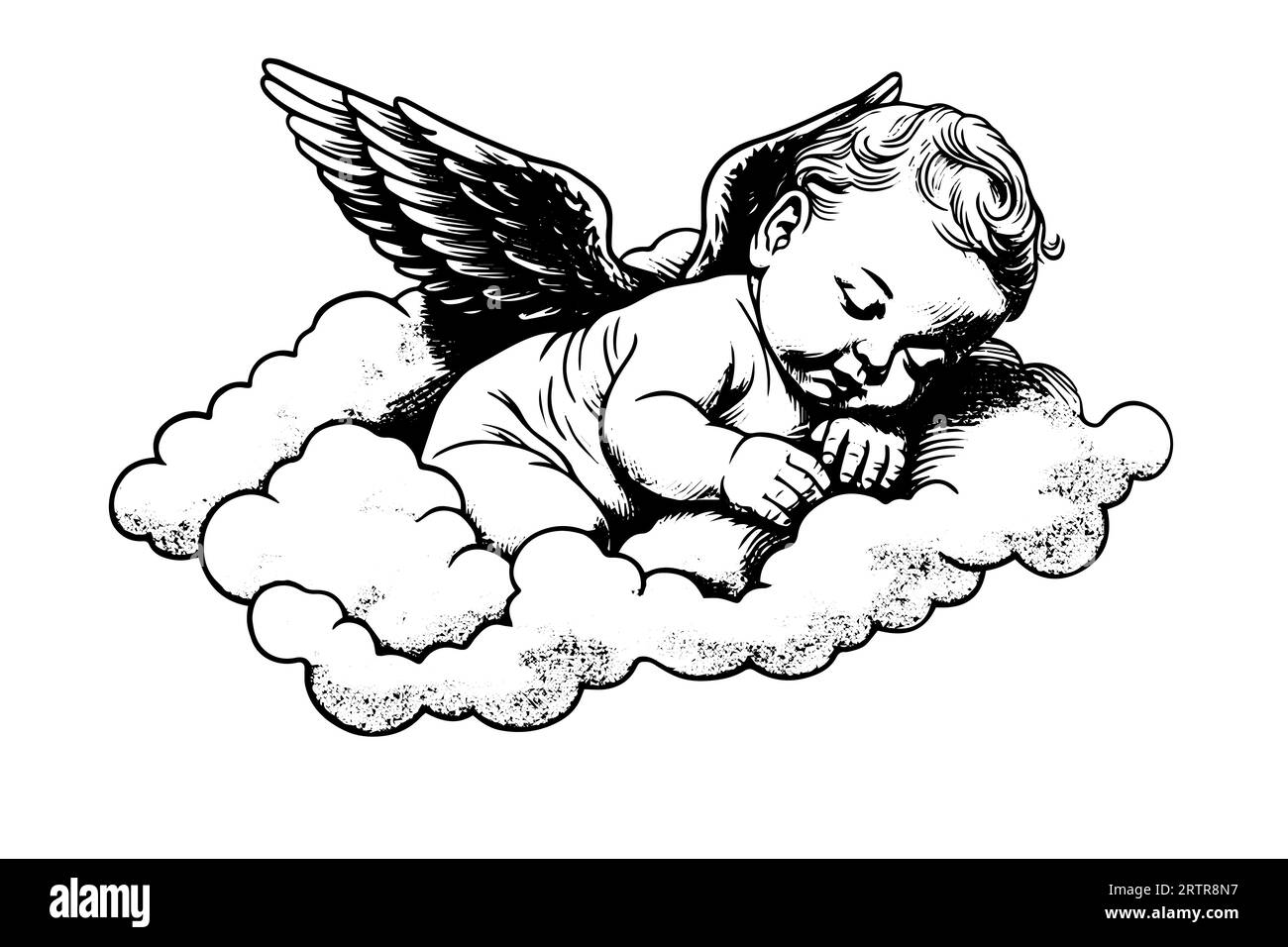 Hand drawn engraving sketch of cute little angel sleep on a cloud ...