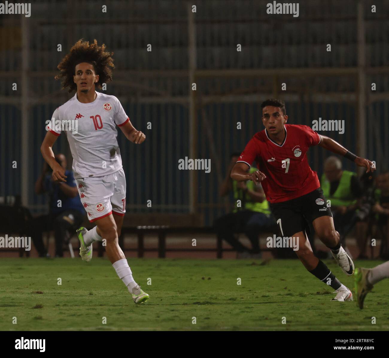 Egypt, Cairo - 12 September 2023 - Hannibal Mejbri of Tunisia and Mohamed Hamdy Sharaf of Egypt during friendly international match between Egypt and Stock Photo