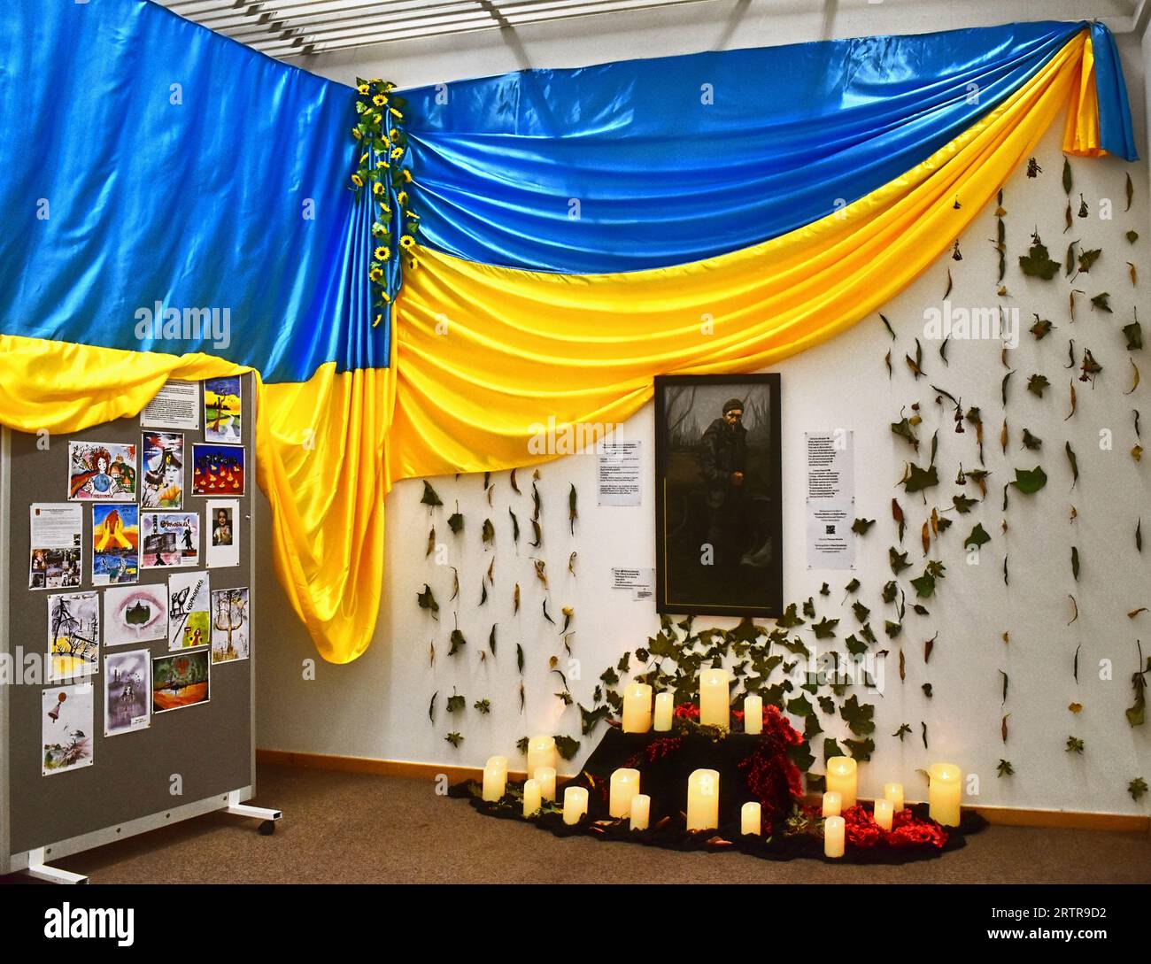 A memorial to Oleksandr Matsievskyi. This is from the exhibition “Love Freedom Ukraine” at Central Milton Keynes Library in September 2023. Stock Photo