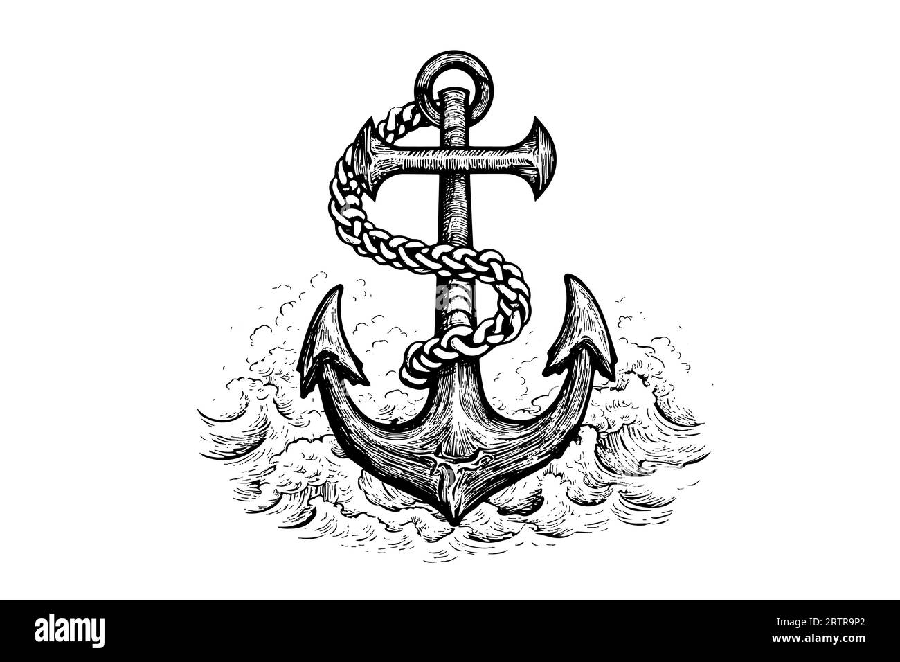 Ship sea anchor and rope in vintage engraving style. Sketch hand