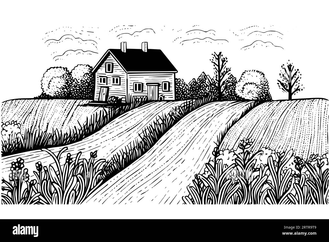 Rural landscape with a farm in engraving style. Hand drawn vector ...