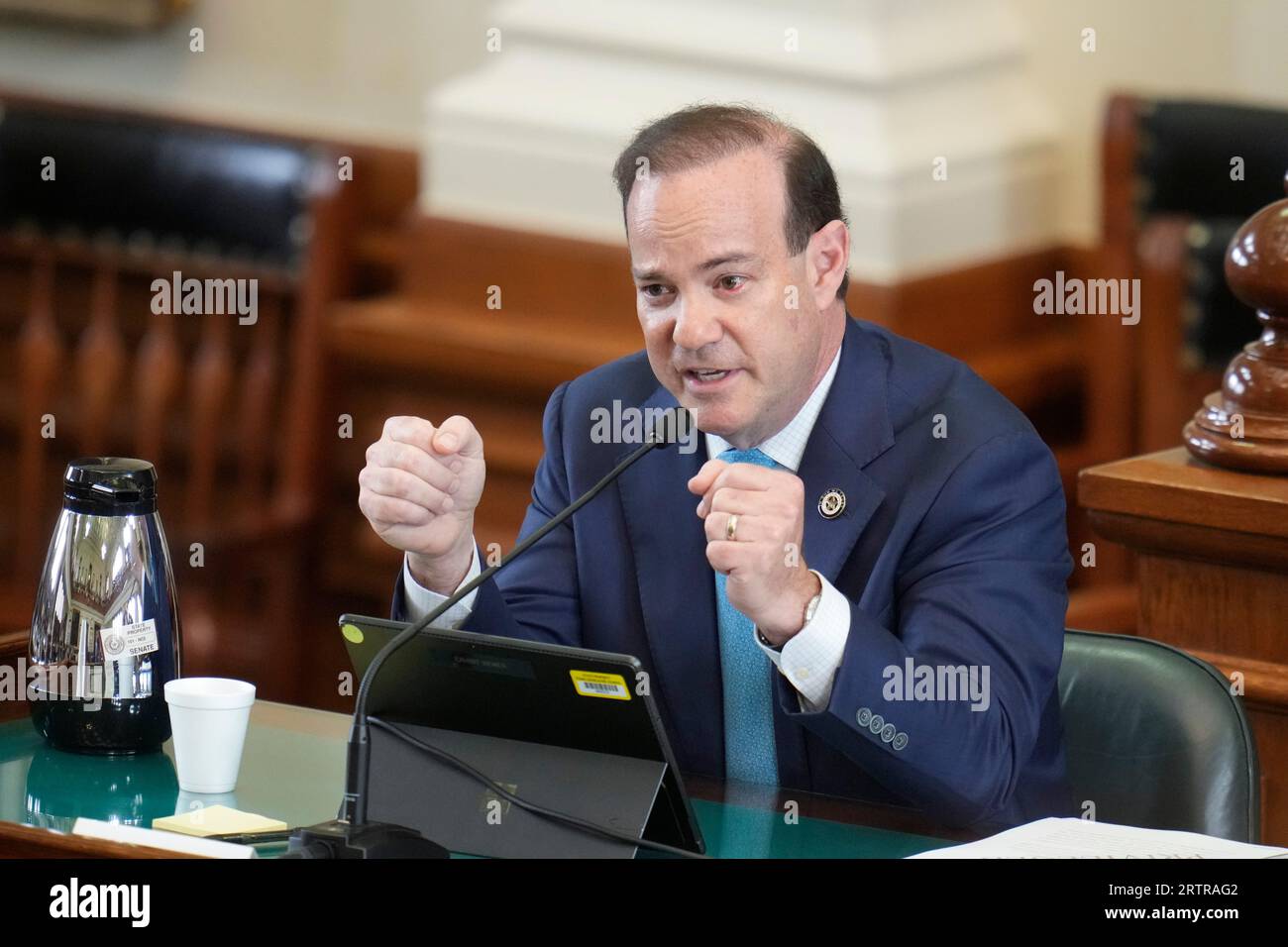 First assistant attorney general GRANT DORFMAN testifies during the afternoon session on day eight in Texas Attorney General Ken Paxton's impeachment trial in the Texas Senate on September 14, 2023. Credit: Bob Daemmrich/Alamy Live News Stock Photo