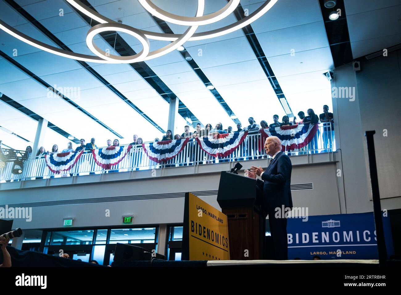 Largo, United States. 14th Sep, 2023. US President Joe Biden speaks during an event on Bidenomics at Prince George's Community College, Largo, Maryland, on Thursday, September 14, 2023. The economy remains a vulnerability for Biden in polls despite positive economic data in recent months, as recent data on a manufacturing boom, job gains, strong gross domestic product growth and easing inflation fail to resonate with voters. Photo by Al Drago/UPI Credit: UPI/Alamy Live News Stock Photo