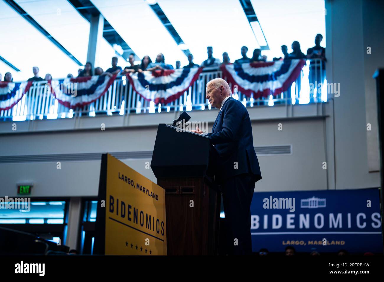Largo, United States. 14th Sep, 2023. US President Joe Biden speaks during an event on Bidenomics at Prince George's Community College, Largo, Maryland, on Thursday, September 14, 2023. The economy remains a vulnerability for Biden in polls despite positive economic data in recent months, as recent data on a manufacturing boom, job gains, strong gross domestic product growth and easing inflation fail to resonate with voters. Photo by Al Drago/UPI Credit: UPI/Alamy Live News Stock Photo