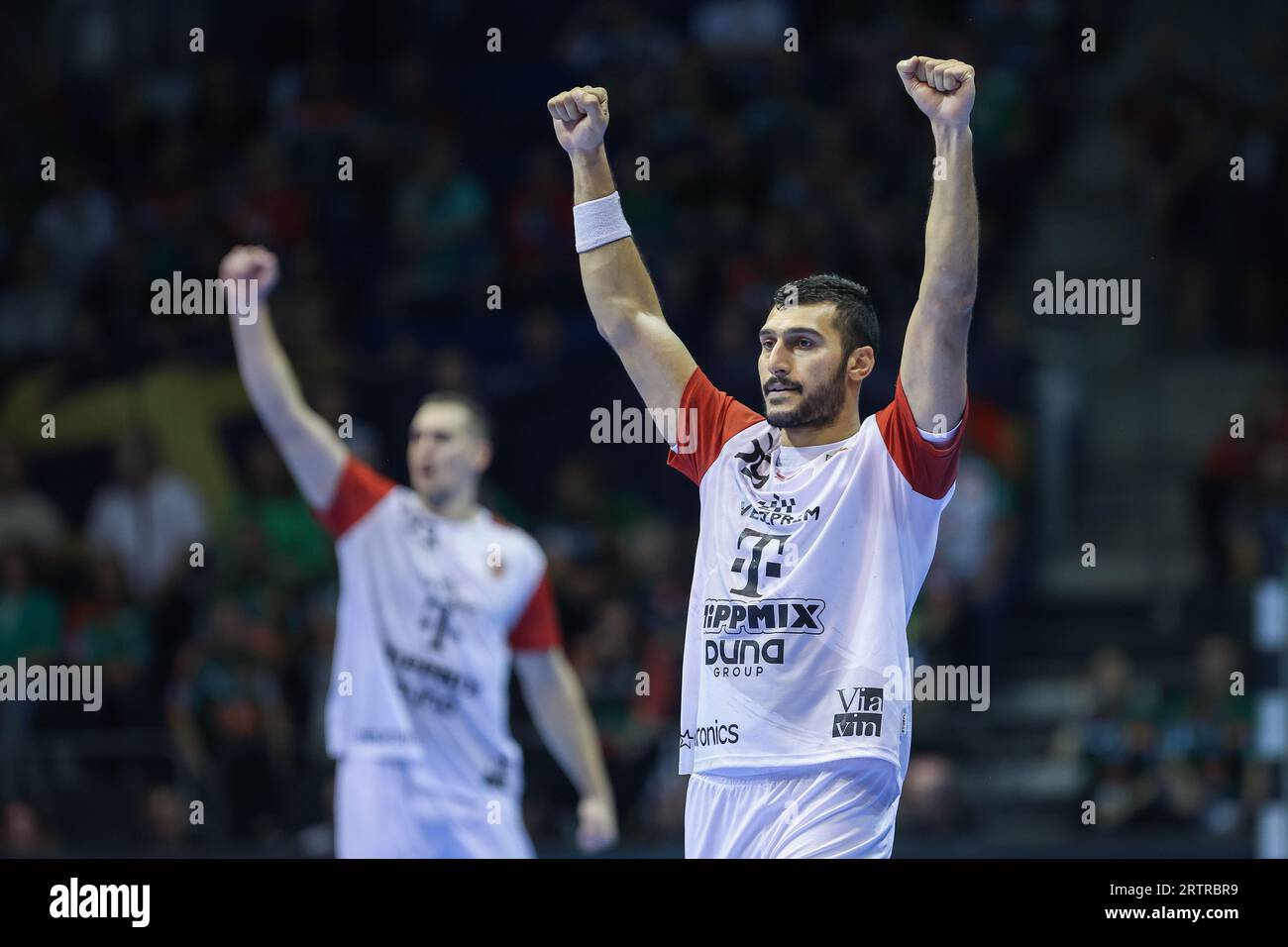 Magdeburg, Germany. 14th Sep, 2023. Handball: Champions League, SC Magdeburg - Telek. Veszprem, group stage, group B, matchday 1, GETEC Arena. Veszprem's Yehia Elderaa cheers. Credit: Ronny Hartmann/dpa/Alamy Live News Stock Photo