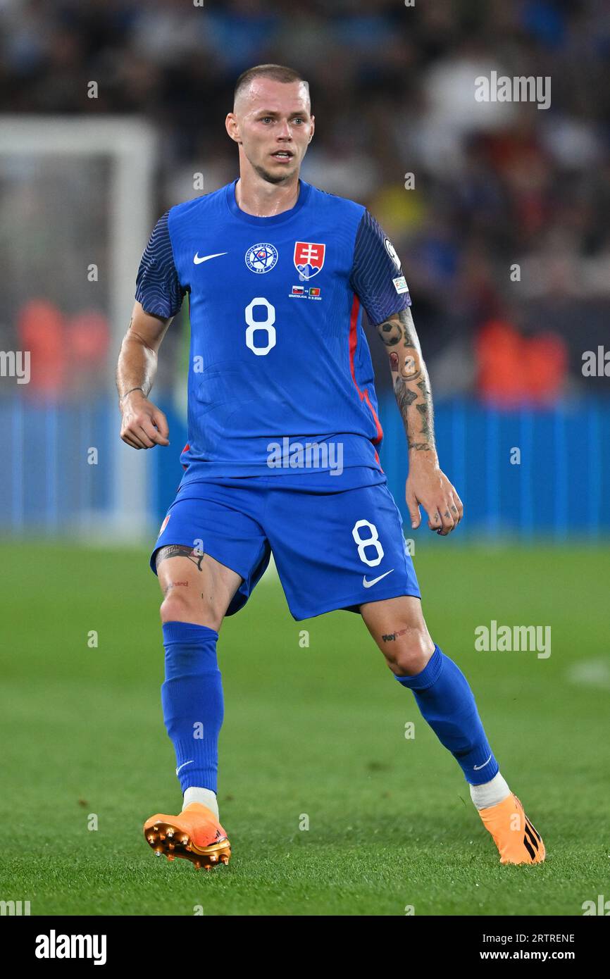 BRATISLAVA, SLOVAKIA - SEPTEMBER 8: Ondrej Duda of Slovakia during the UEFA EURO 2024 European qualifier match between Slovakia and Portugal at Teheln Stock Photo