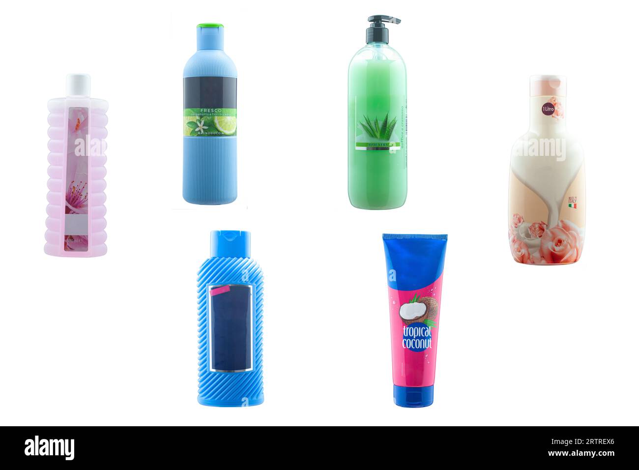 series of bath cream, shower foam isolated in close-up on white ...