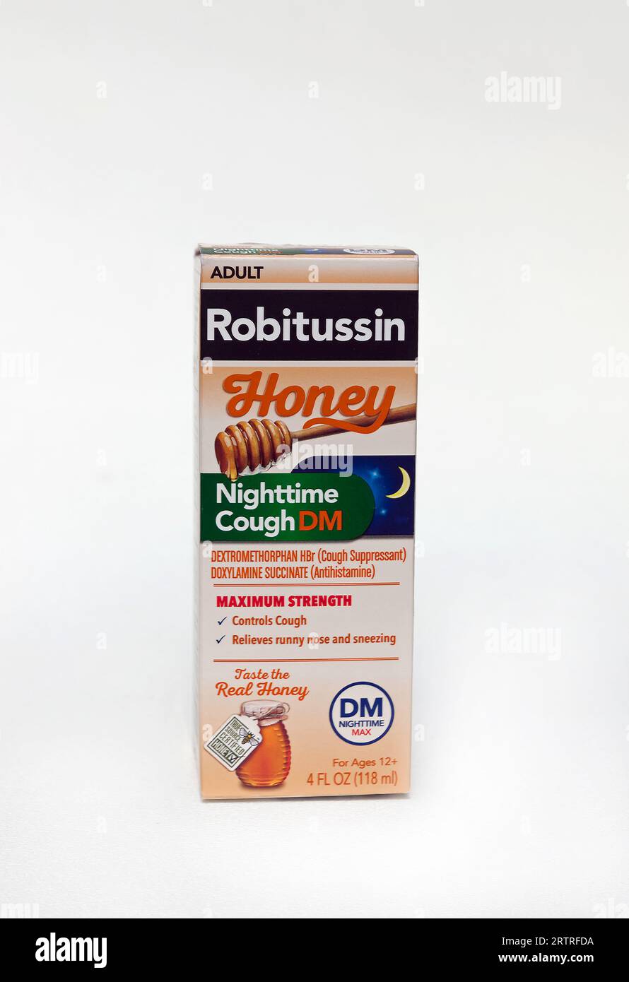 Robitussin Nighttime Cough DM Medicine, honey flavor, containing cough suppressant and