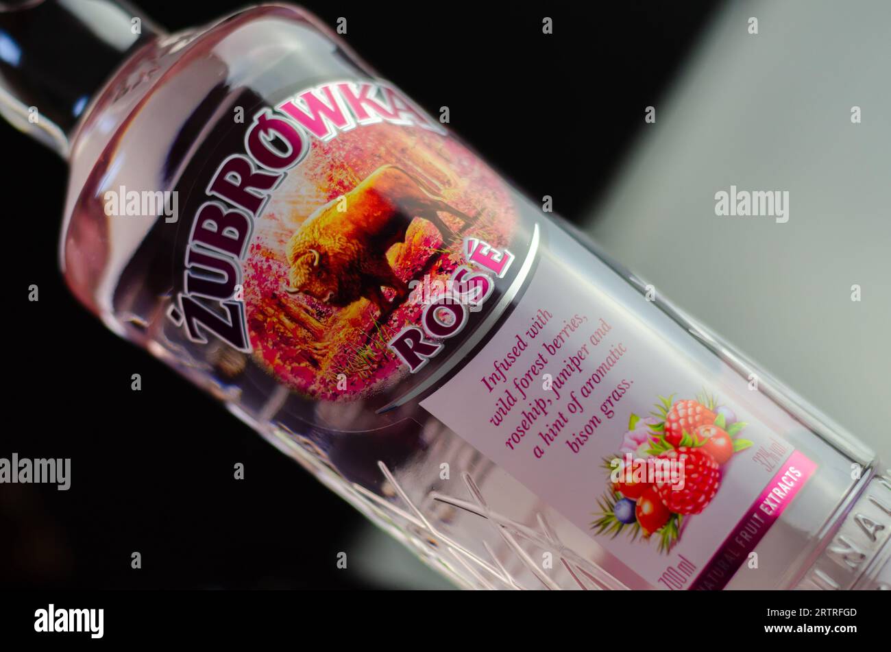LONDON, UK - 07 SEPTEMBER 2023 Zubrowka Rose is a Polish flavored vodka from the creators of Zubrowka Bison Grass with a bison grass flavor and ingred Stock Photo