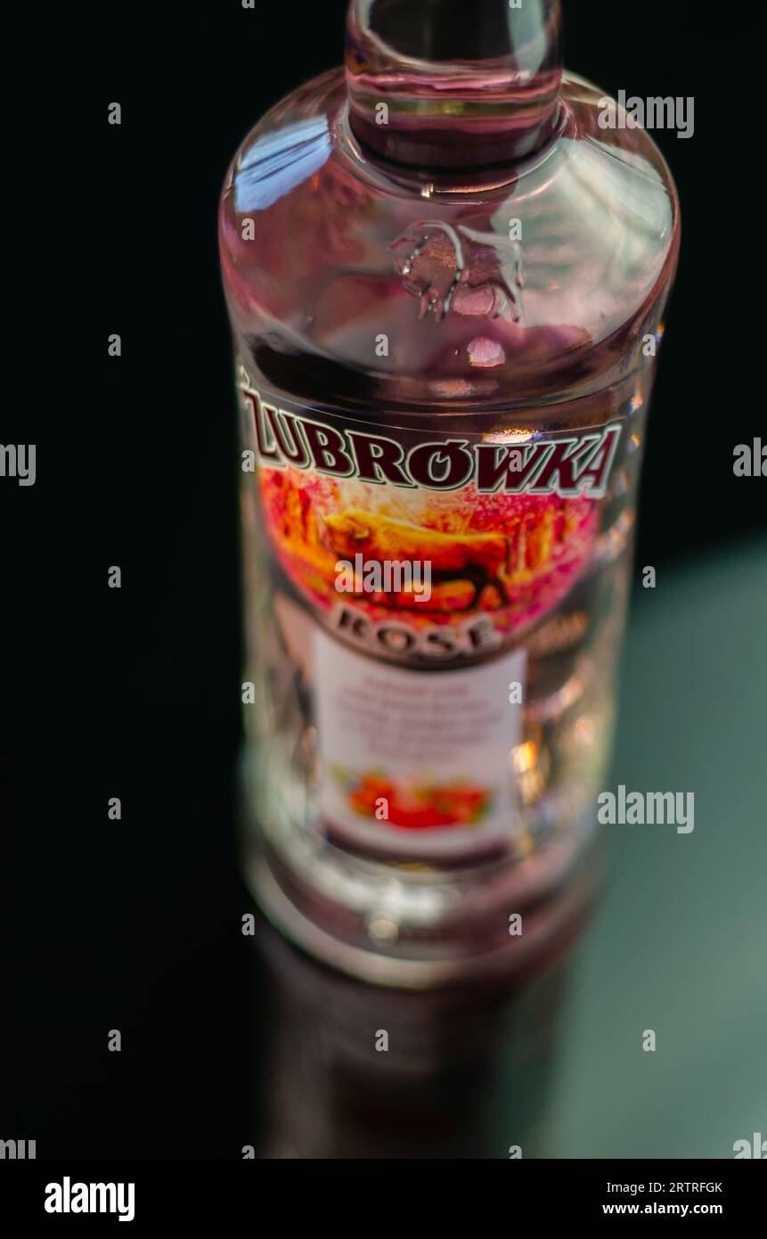 LONDON, UK - 07 SEPTEMBER 2023 Zubrowka Rose is a Polish flavored vodka from the creators of Zubrowka Bison Grass with a bison grass flavor and ingred Stock Photo