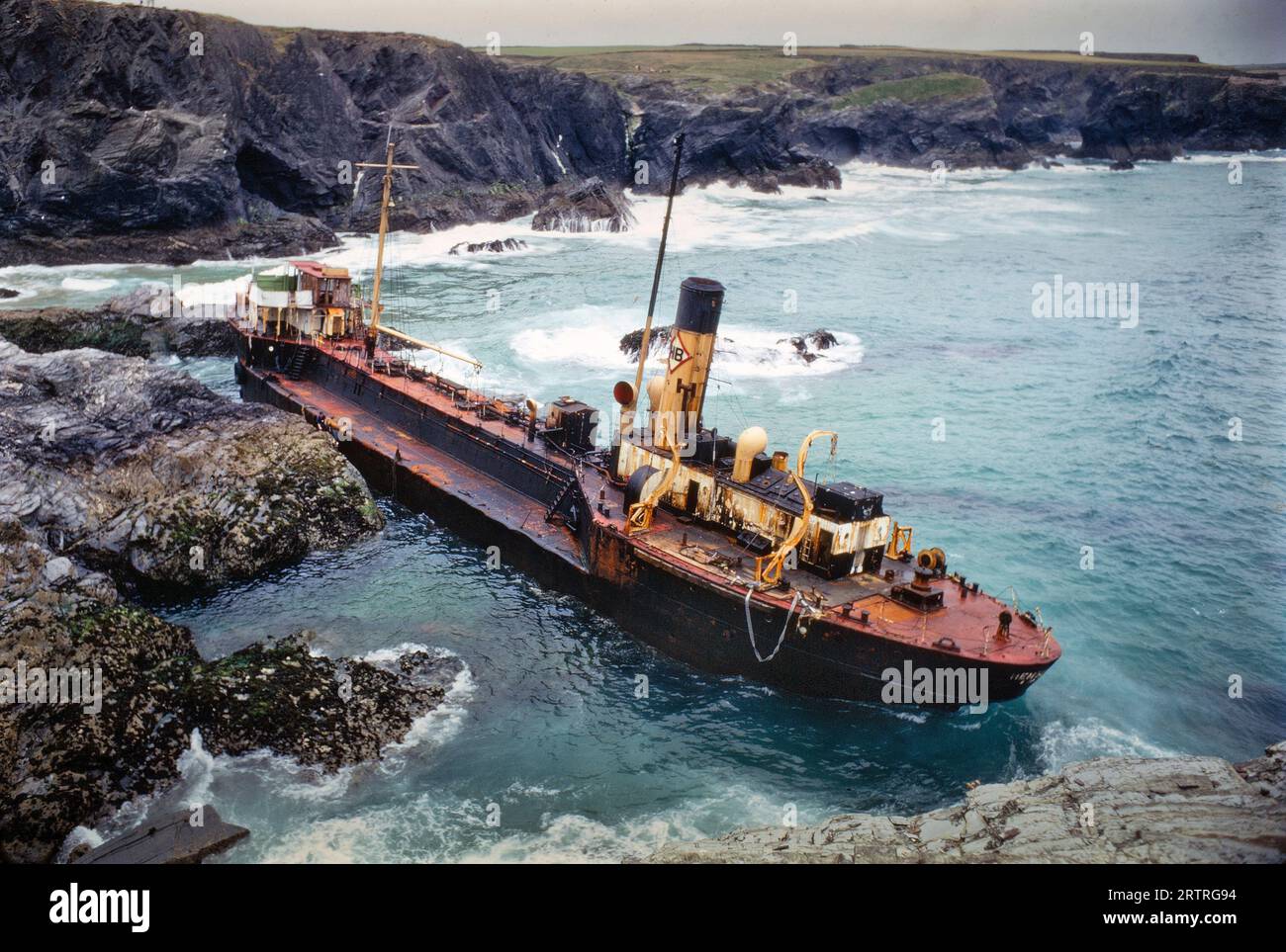 The SS Hemsley 1, which was shipwrecked in Fox Cove, Porthcothan, near Padstow, Cornwall, UK, on the 12th.May 1969.  The ship which was launched in 19 Stock Photo