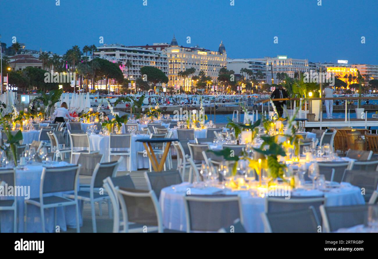 Cannes, France - September 14, 2023: Yachting Festival Cannes with general Atmosphere at Hotel Majestic Barriere Beach Restaurant, Yachts, Yachten, Yacht. Mandoga Media Germany Stock Photo