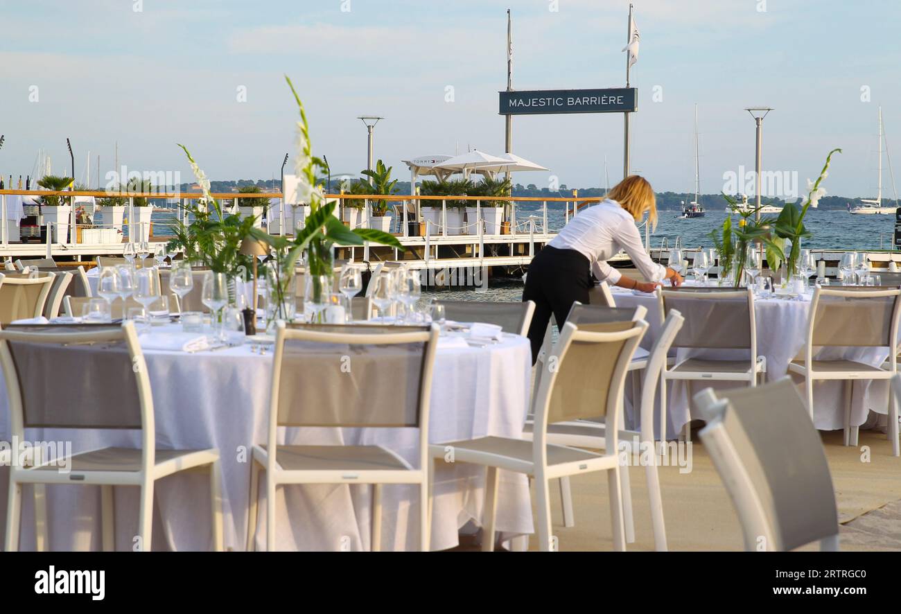 Cannes, France - September 14, 2023: Yachting Festival Cannes with general Atmosphere at Hotel Majestic Barriere Beach Restaurant, Yachts, Yachten, Yacht. Mandoga Media Germany Stock Photo
