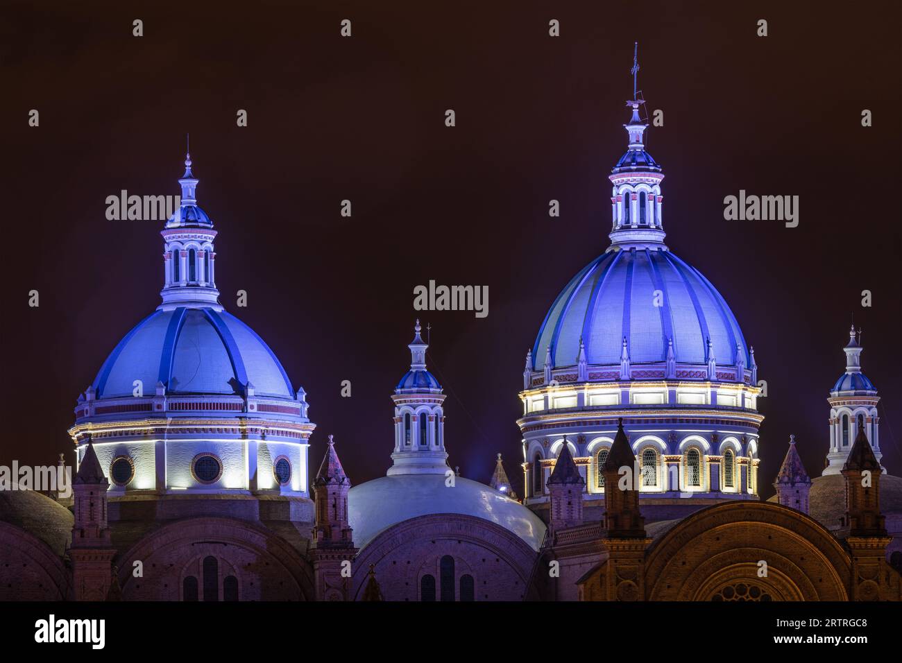 Illuminated domes of the New Cathedral, Cuenca, Ecuador. Stock Photo